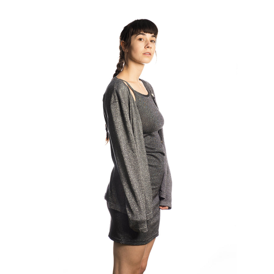 M Studio, mini fitted silver dress and matching cardigan with small hole